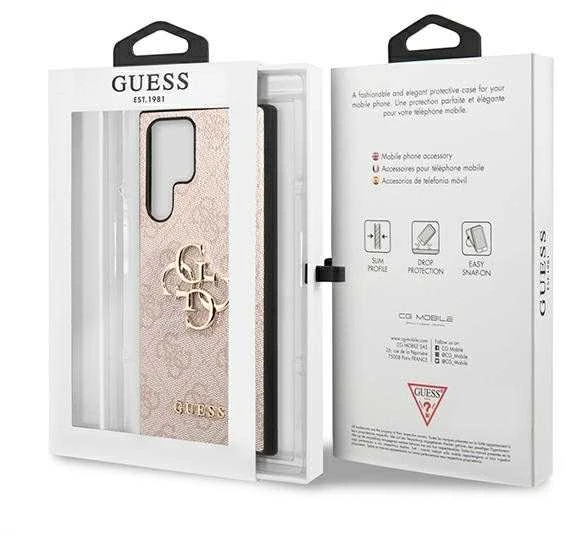 „Guess GUHCS22L4GMGPI S908 S22“ itin rausvas/rožinis kietas dėklas su dideliu metaliniu logotipu