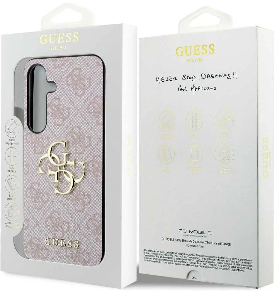 Guess PU 4G Metal Logo dėklas skirtas Samsung Galaxy S24 rožinės spalvos