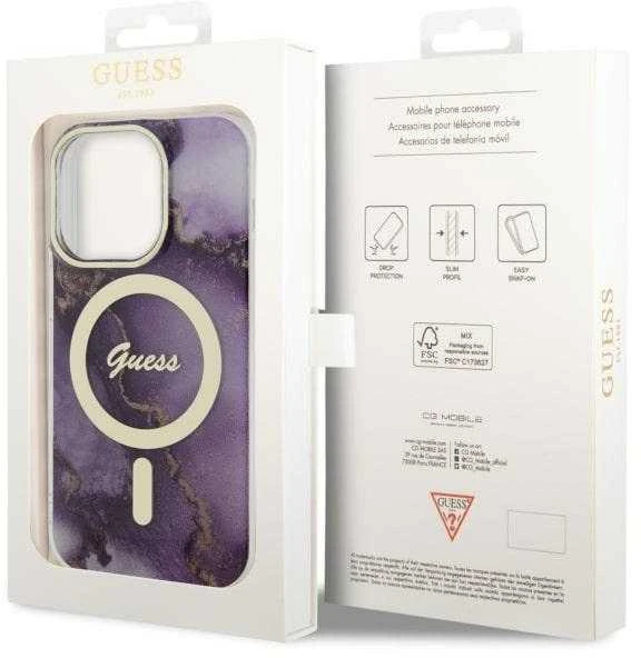 Guess GUHMP14LHTMRSU Apple iPhone 14 Pro 6.1″ violetinės spalvos kietas dėklas Golden Marble MagSafe