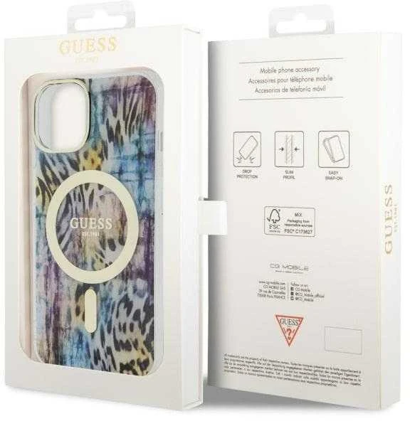 Guess GUHMP14SHLEOPWB Apple iPhone 14 / 15 / 13 6.1″ mėlynas kietas dėklas Leopard MagSafe