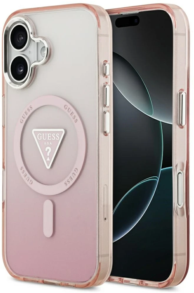 „Guess IML“ gradiento trikampio logotipo „MagSafe“ dėklas, skirtas „iPhone 17“, rožinis