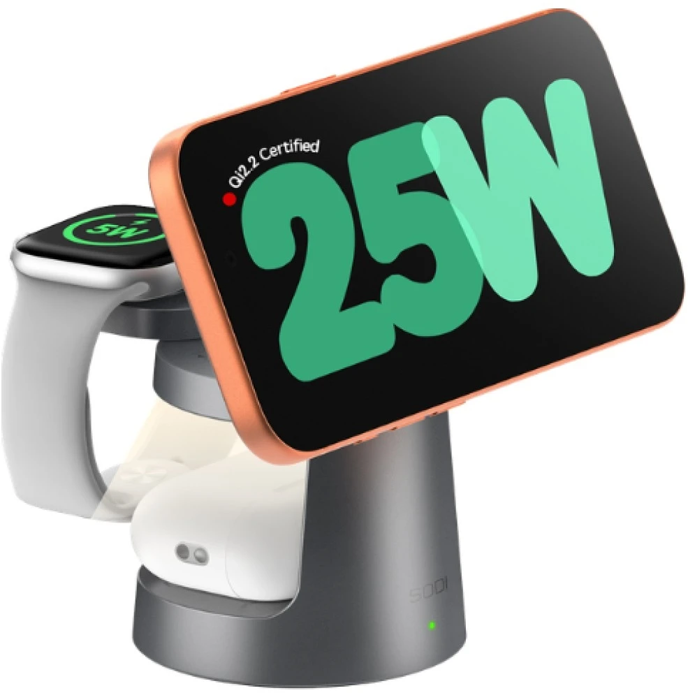 Įkroviklis bezprzewodowa 3w1 su lampką nocną SODI W108A 25W pilka