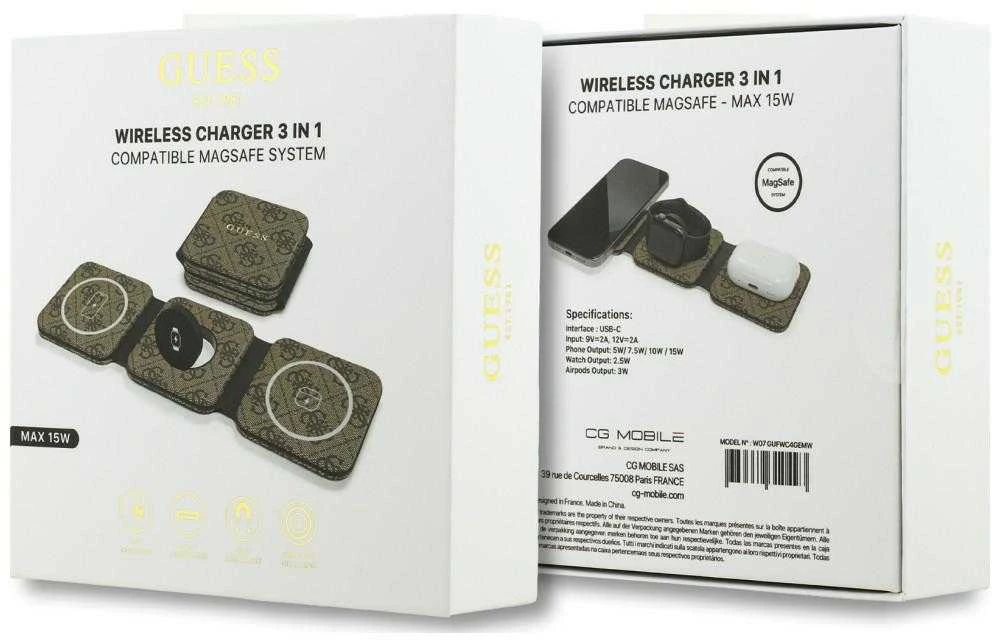 Guess PU 4G MagSafe belaidis įkroviklis 3v1 rudos spalvos