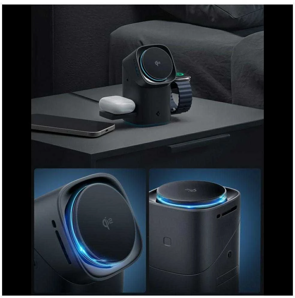 SPIGEN EF223MS ESSENTIAL 3-in-1 sukamasis magnetinis „MagSafe“ belaidis įkroviklis 15W QI2 juodas