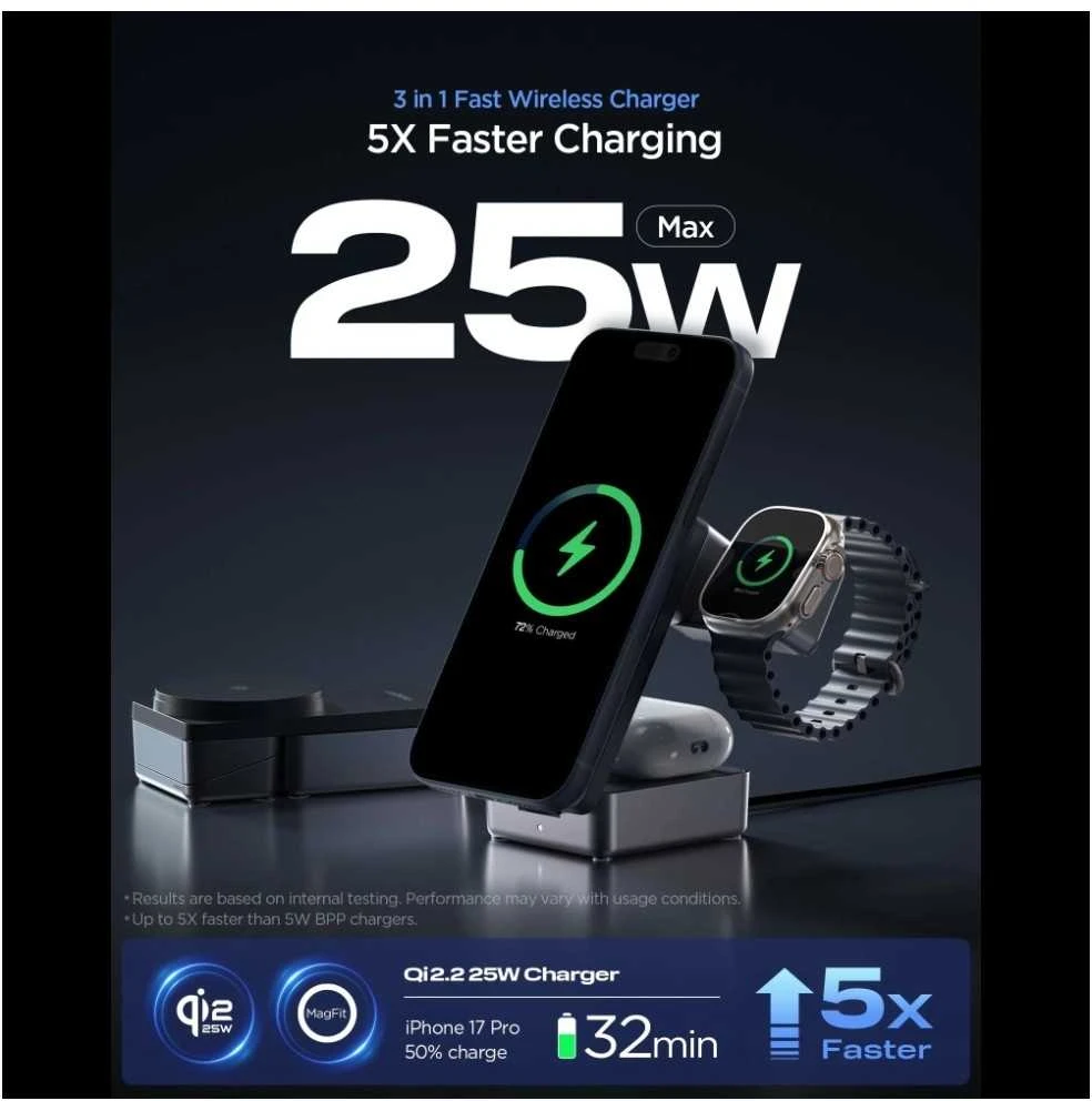 Įkroviklis Spigen Essential MagSafe 3-in-1 Wireless Charger EF323MQ, juodas