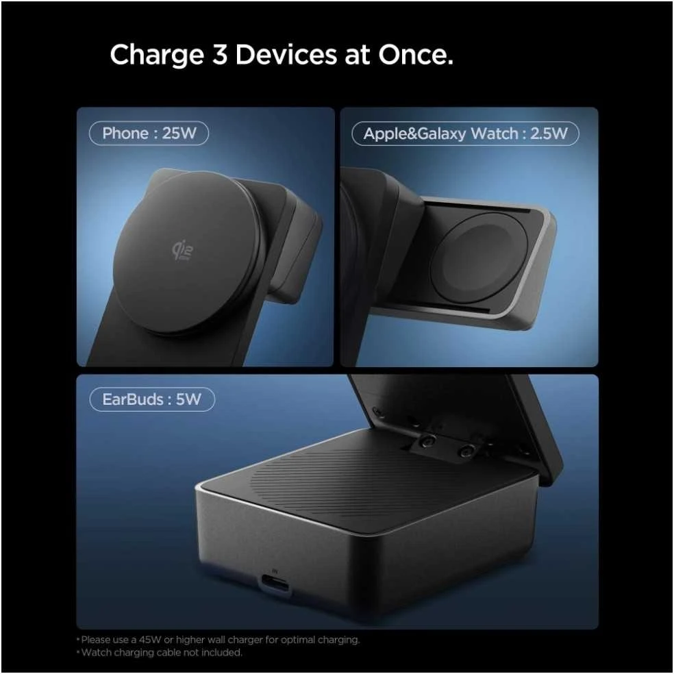 Įkroviklis Spigen Essential MagSafe 3-in-1 Wireless Charger EF323MQ, juodas
