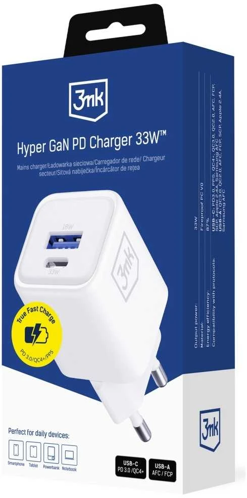 3Mk apsaugos priedai - 3mk Hyper Charger PD 33W GaN QC4+ PPS AFC FCP SCP 1A1C Baltas