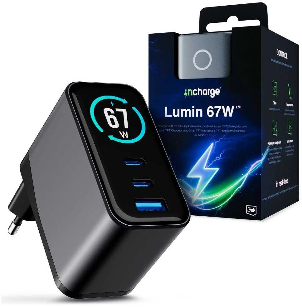 3Mk apsauga 3mk InCharge Lumin PD 67W QC4+ PPS AFC FCP SCP 1A2C TFT Ekranas Juodas/Pilkas