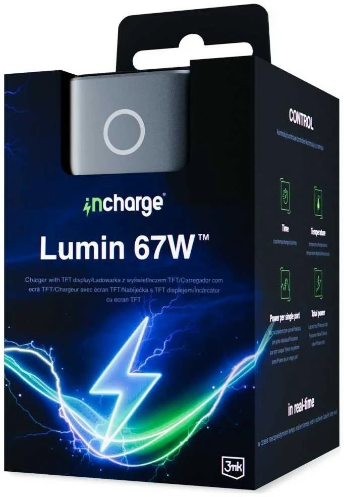 3Mk apsauga 3mk InCharge Lumin PD 67W QC4+ PPS AFC FCP SCP 1A2C TFT Ekranas Juodas/Pilkas