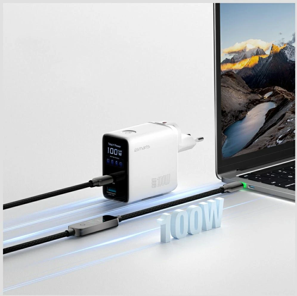 Įkroviklis jungiama į tinklą 4smarts GaN Flex Screen AI 100W 2xUSB-C + USB-A balta