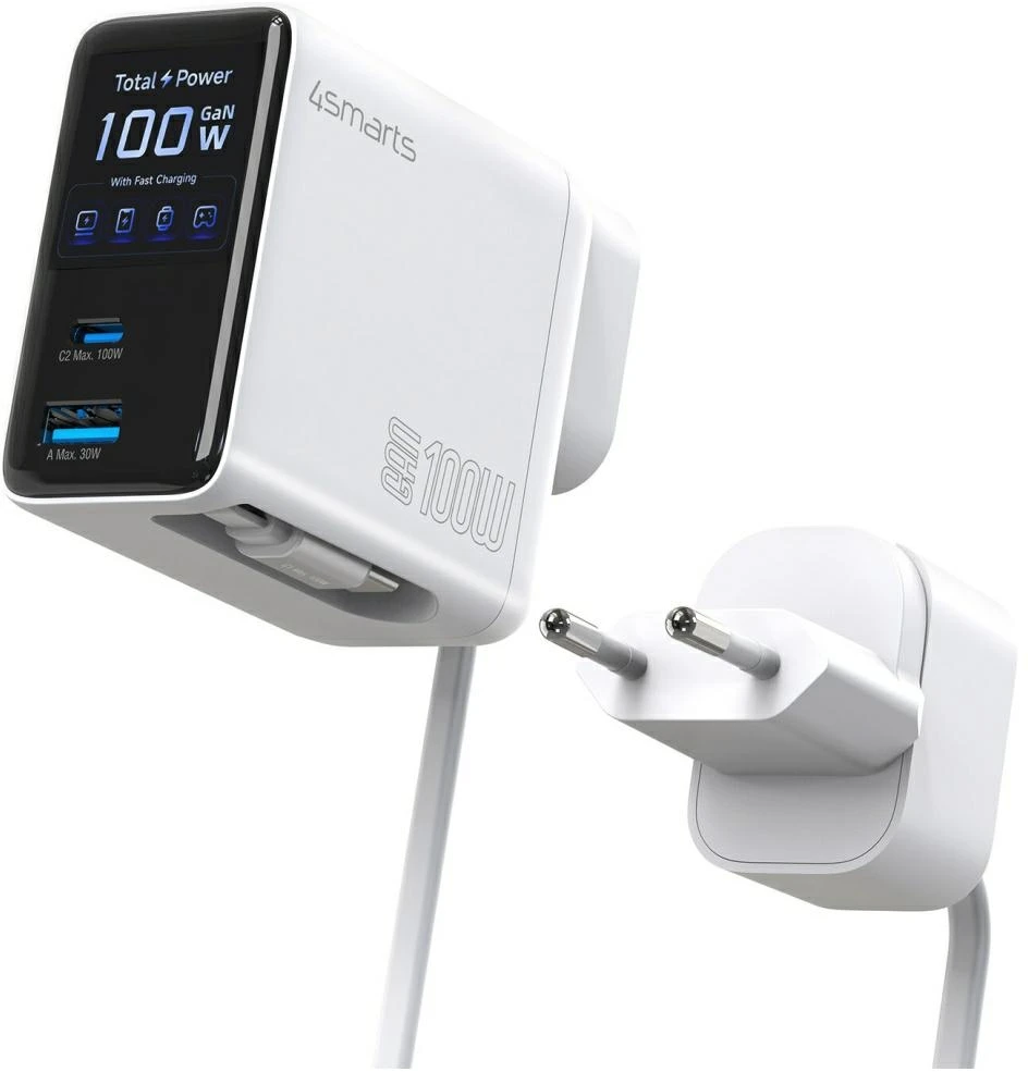 Įkroviklis 4smarts Sieciowa GaN Flex Screen AI 100W 2× USB-C + 1× USB-A Travel Edition balta