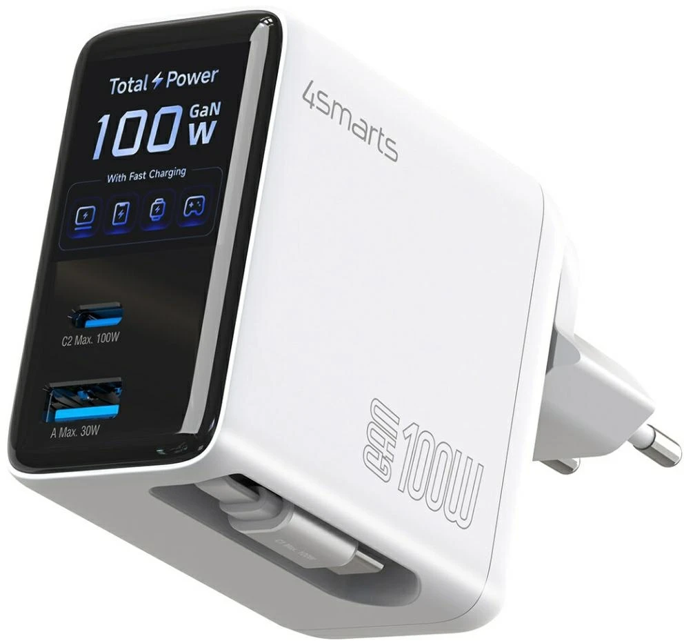 Įkroviklis 4smarts Sieciowa GaN Flex Screen AI 100W 2× USB-C + 1× USB-A Travel Edition balta