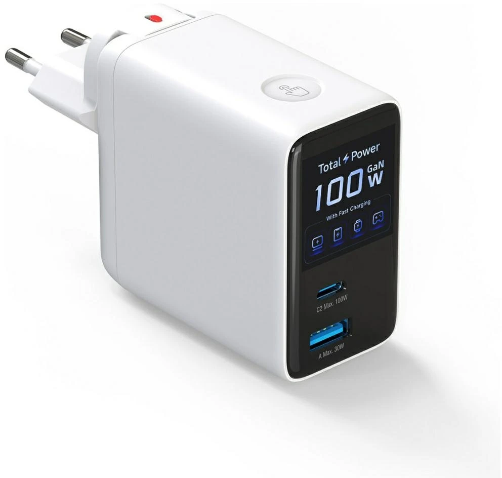 Įkroviklis jungiama į tinklą 4smarts GaN Flex Screen AI 100W 2xUSB-C + USB-A balta