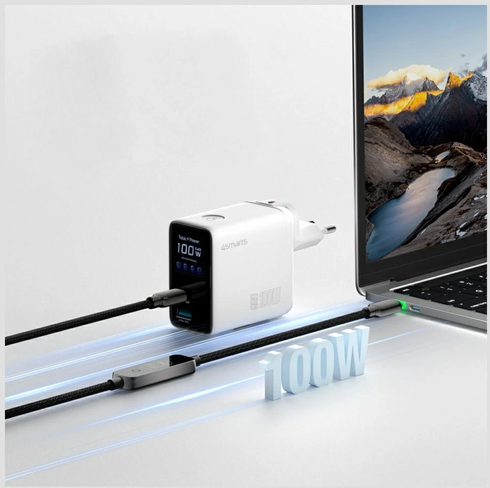 Įkroviklis 4smarts Sieciowa GaN Flex Screen AI 100W 2× USB-C + 1× USB-A Travel Edition balta