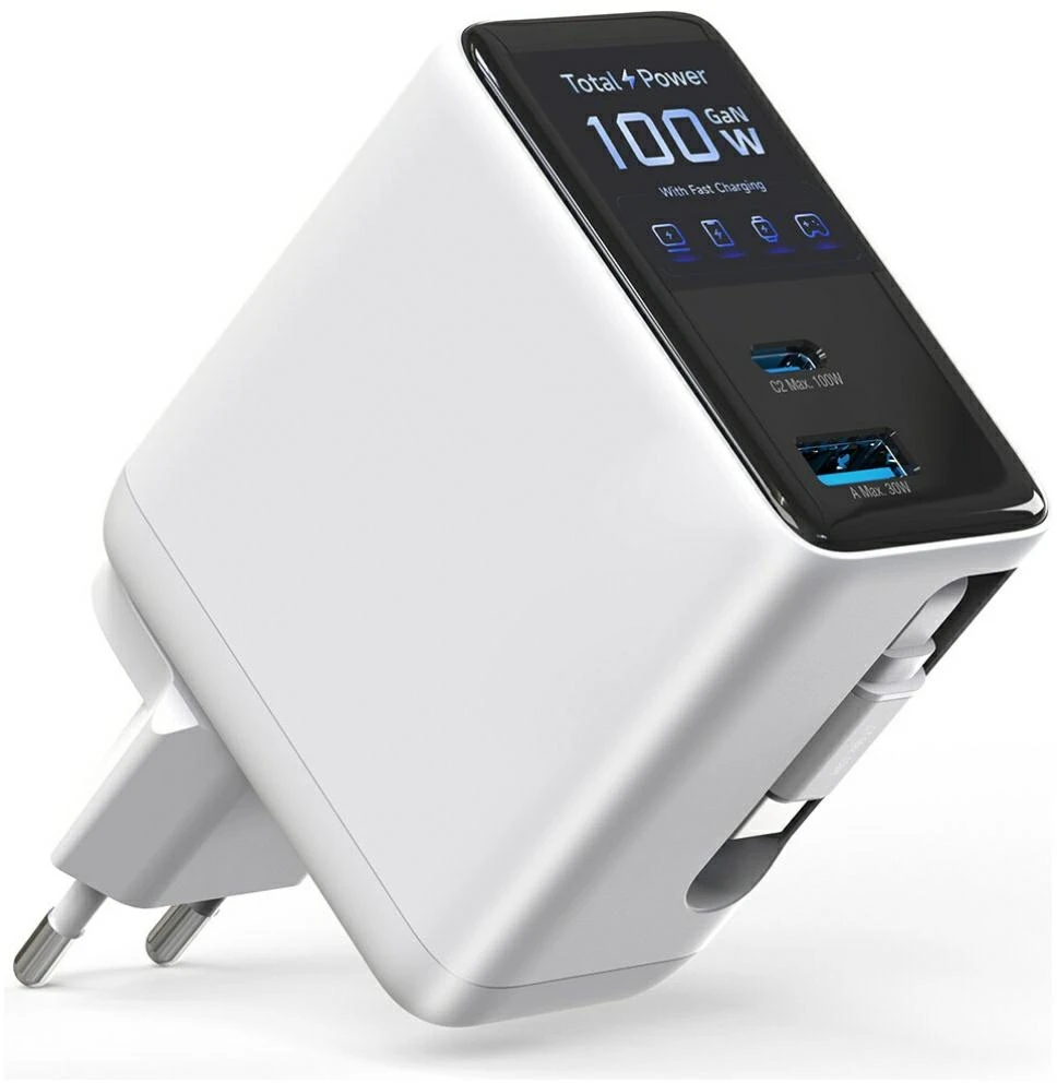 Įkroviklis jungiama į tinklą 4smarts GaN Flex Screen AI 100W 2xUSB-C + USB-A balta