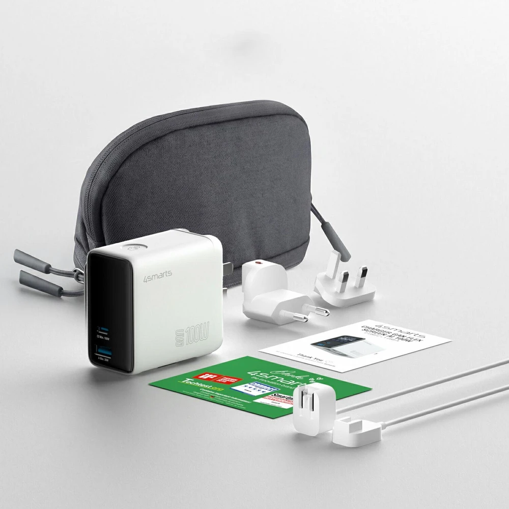 Įkroviklis 4smarts Sieciowa GaN Flex Screen AI 100W 2× USB-C + 1× USB-A Travel Edition balta
