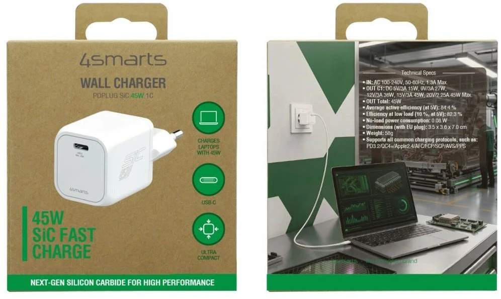 Laidinis įkroviklis 4smarts PDPlug SiC 45W USB-C baltos spalvos