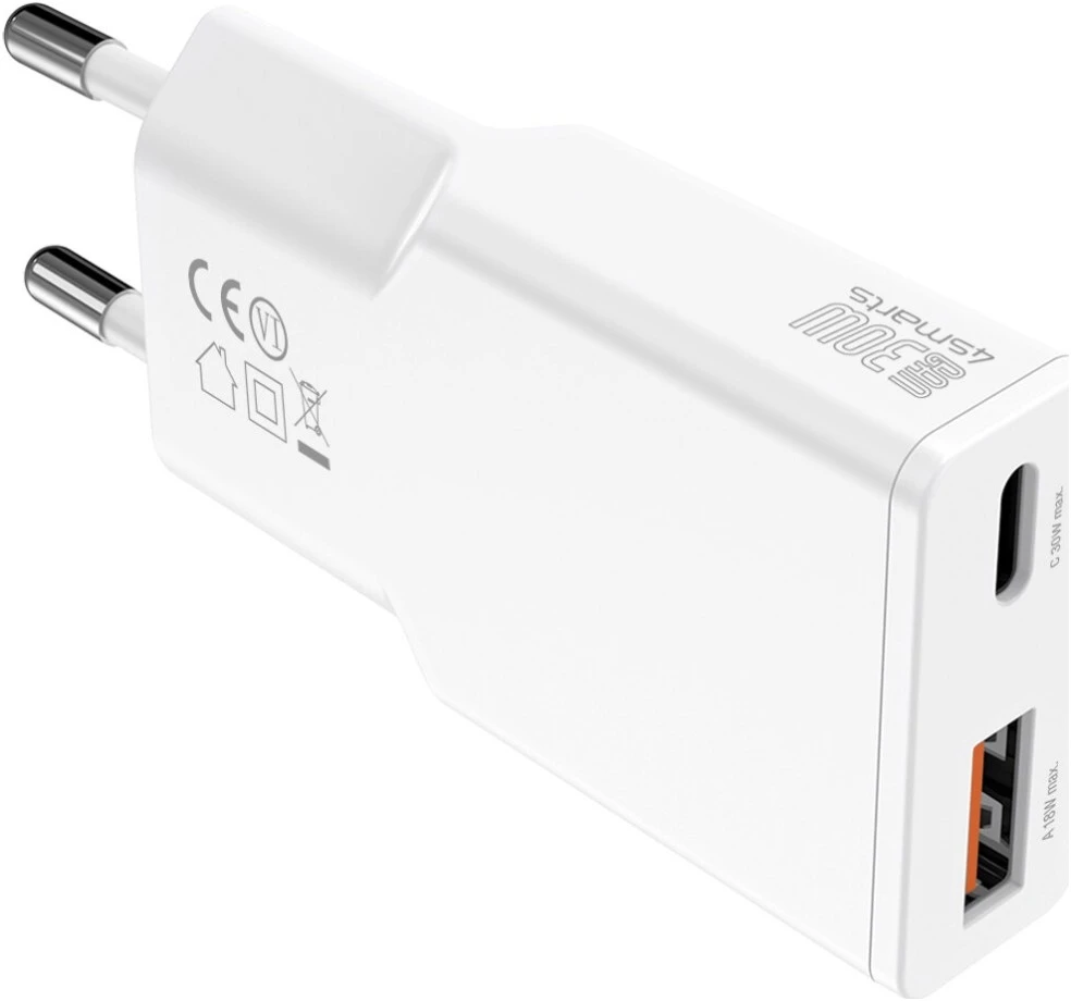 4Smarts sieninis įkroviklis PDPlug Duos Slim 30W GaN 1C+1A baltas