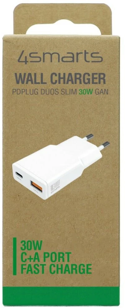 4Smarts sieninis įkroviklis PDPlug Duos Slim 30W GaN 1C+1A baltas