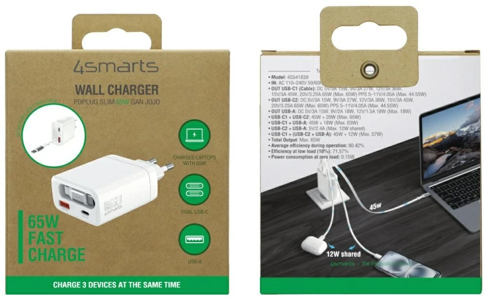 Įkroviklis jungiama į tinklą 4smarts PDPlug Slim 65W GaN Jojo balta