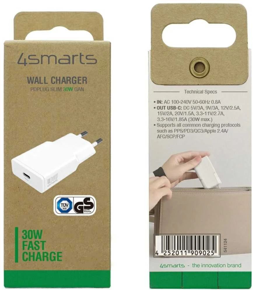 Įkroviklis 4smarts PDPlug Slim GaN 1x USB-C 30W Baltas (541124)