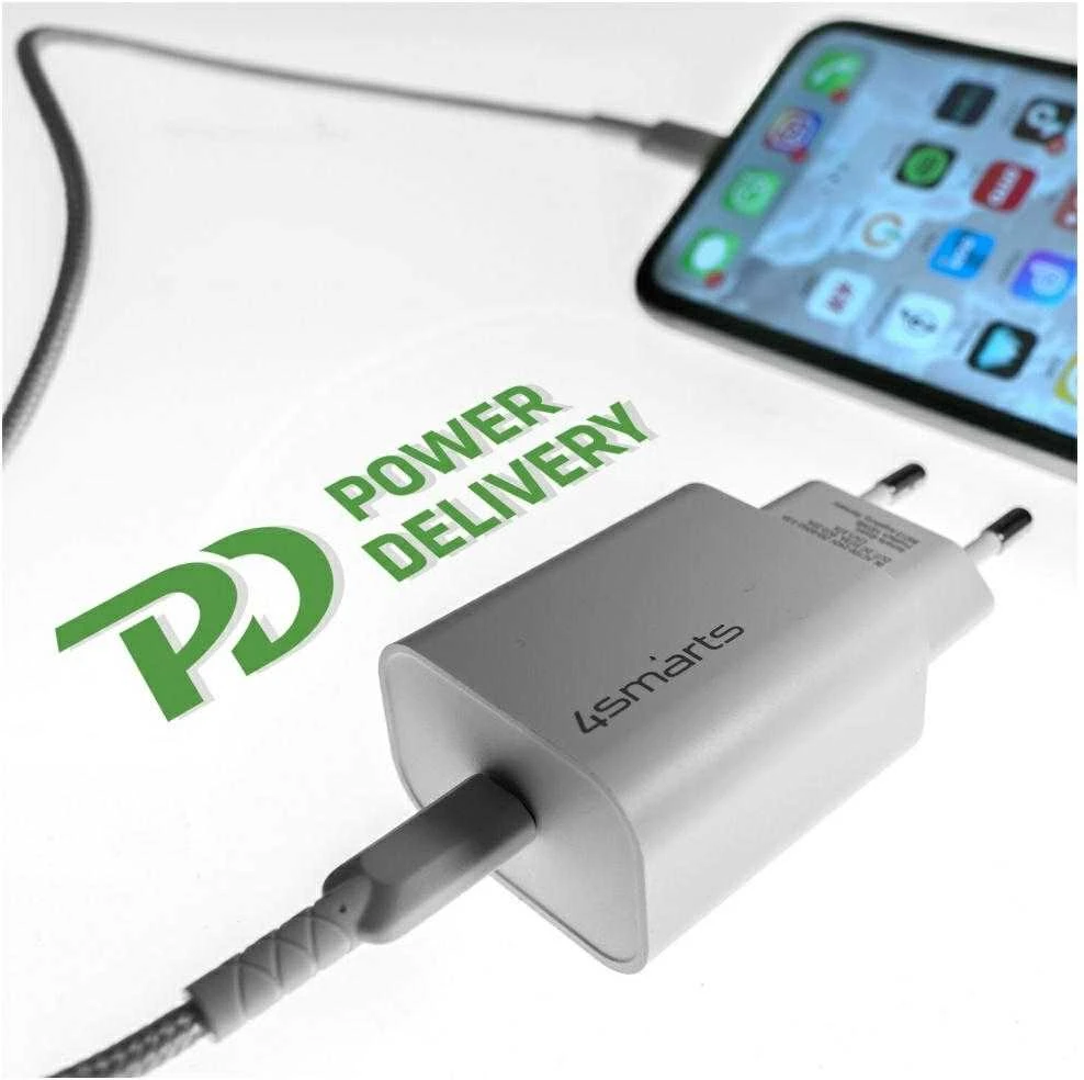 4smarts VoltPlug 20W PD USB-C Laidinis įkroviklis with USB-C to Lightning cable baltos spalvos