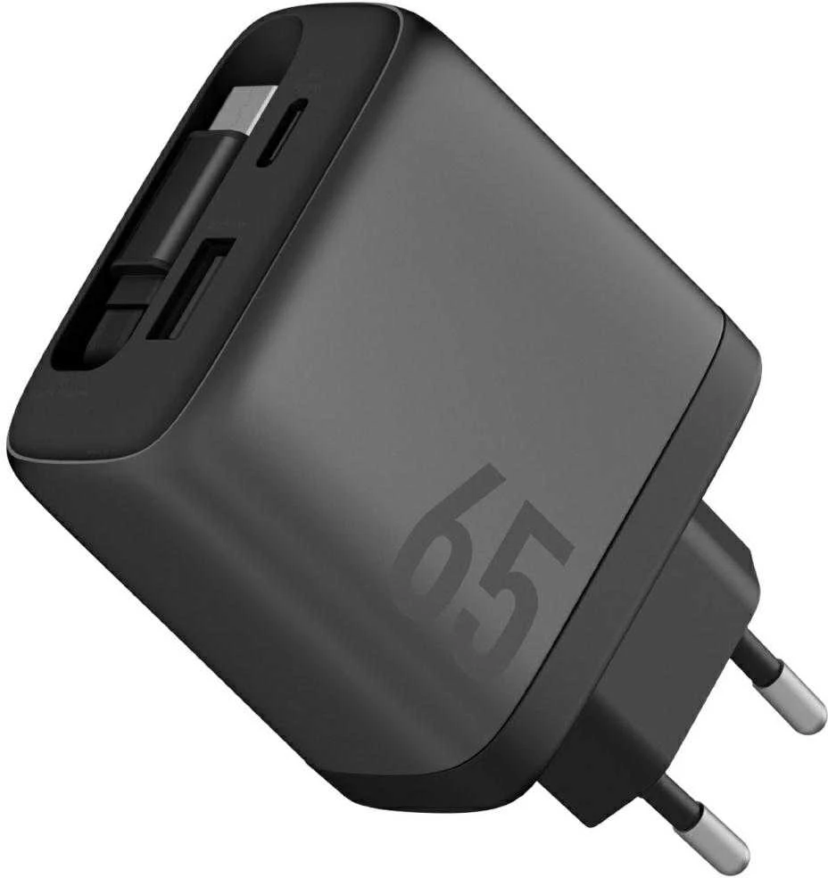 Laidinis įkroviklis Energea Ampcharge Arc 65 USB-A/USB-C + ištraukiamas USB-C kabelis PD/PPS/QC3.0 GaN gunmeta