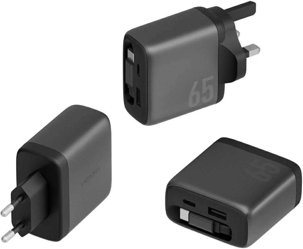Laidinis įkroviklis Energea Ampcharge Arc 65 USB-A/USB-C + ištraukiamas USB-C kabelis PD/PPS/QC3.0 GaN gunmeta