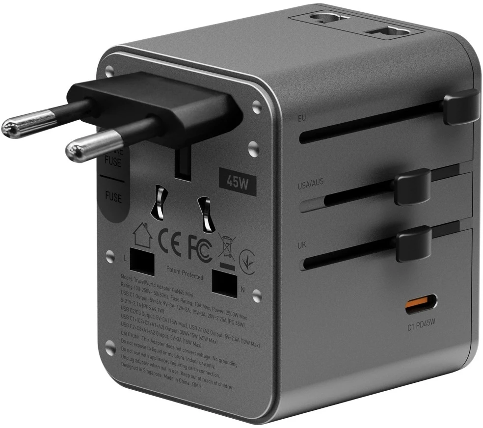 Įkroviklis jungiama į tinklą Energea TravelWorld Adapteris Mini GaN 45W PD 3xUSBC/2xUSB-A gunmetal