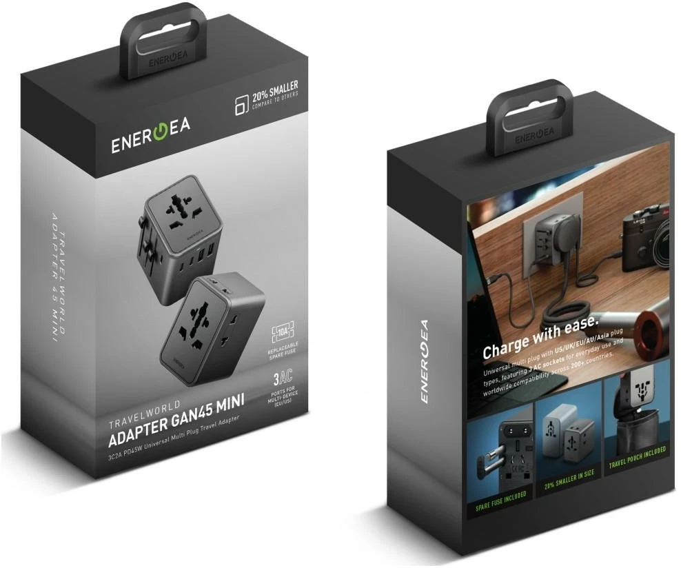 Įkroviklis jungiama į tinklą Energea TravelWorld Adapteris Mini GaN 45W PD 3xUSBC/2xUSB-A gunmetal