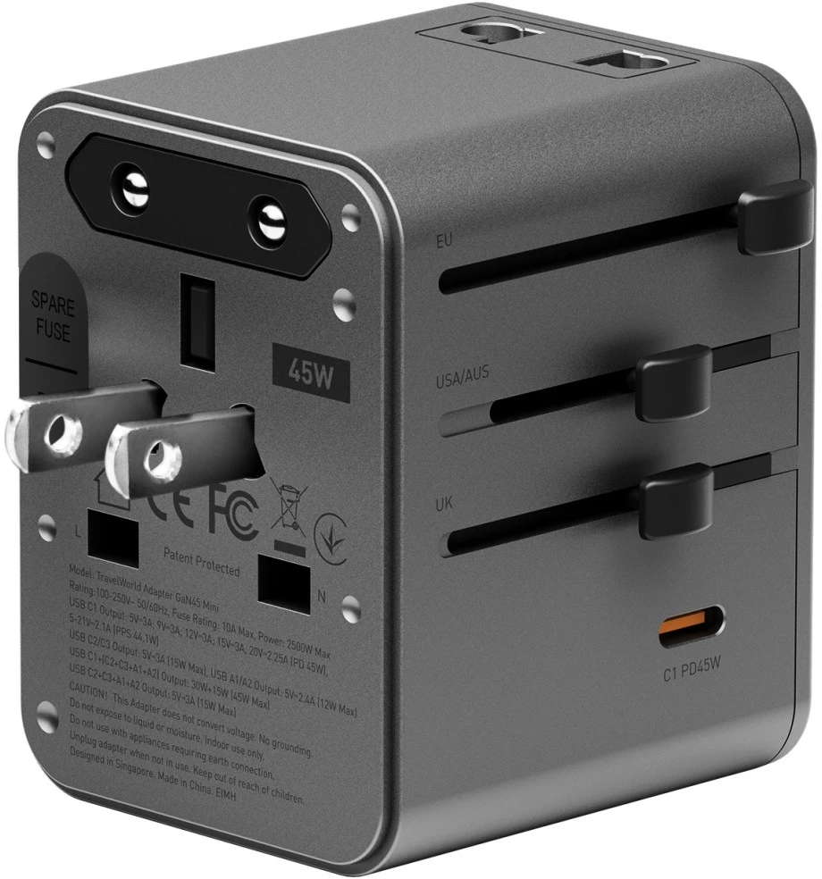 Įkroviklis jungiama į tinklą Energea TravelWorld Adapteris Mini GaN 45W PD 3xUSBC/2xUSB-A gunmetal
