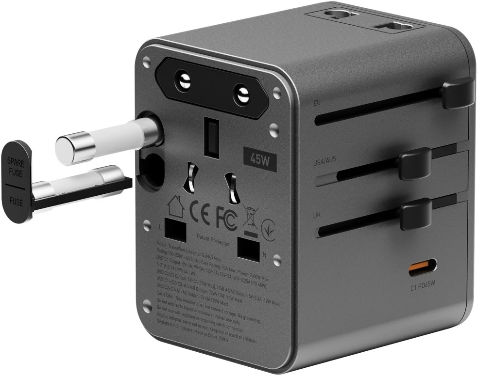 Įkroviklis jungiama į tinklą Energea TravelWorld Adapteris Mini GaN 45W PD 3xUSBC/2xUSB-A gunmetal