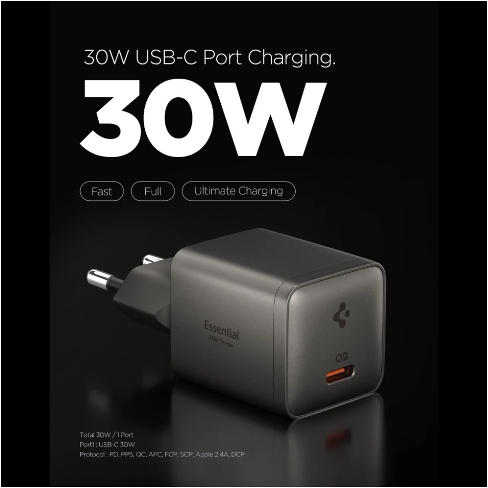 Spigen EE301EU-GAN ESSENTIAL 1 prievado tinklo įkroviklis 30W GUNMETAL