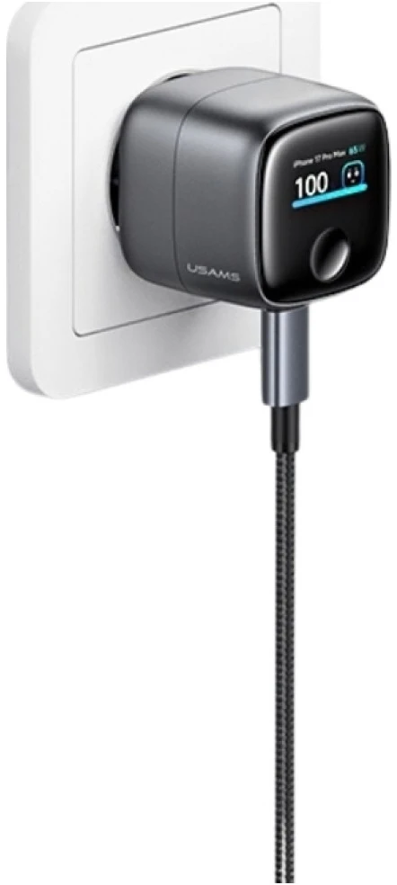Įkroviklis jungiama į tinklą USAMS CC338 T75 65W GaN Smart Digital Ekranas Fast Charger USB-C tarnish