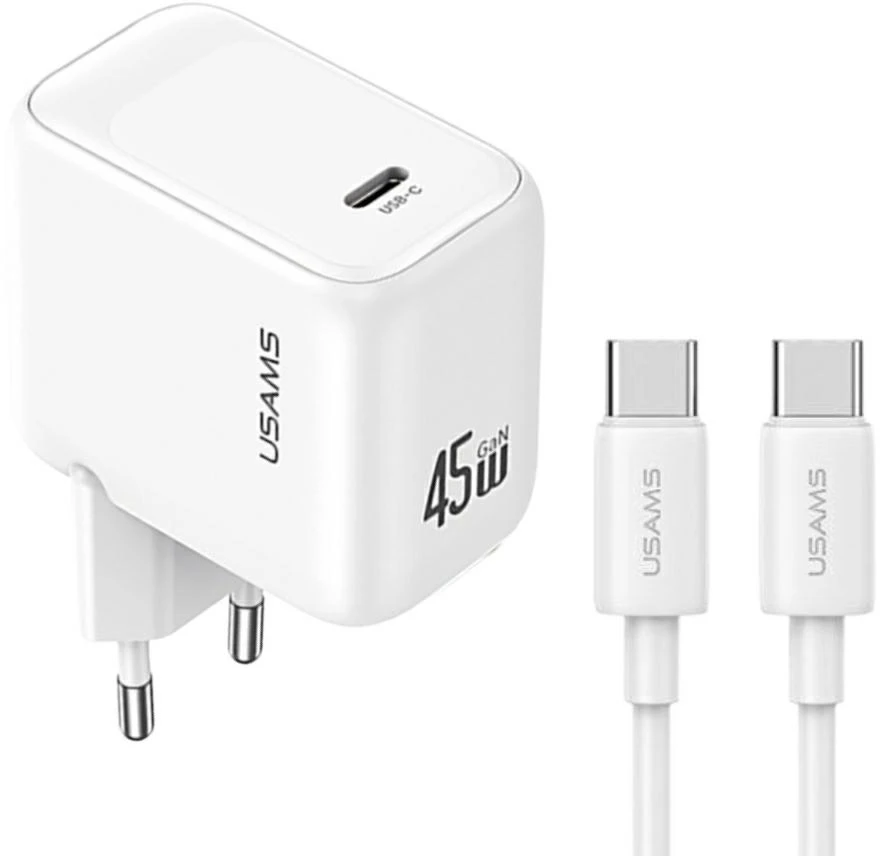 Įkroviklis jungiama į tinklą USAMS CC339 T76 45W GaN USB-C + kabelis SJ711 USB-C/USB-C 1m balta