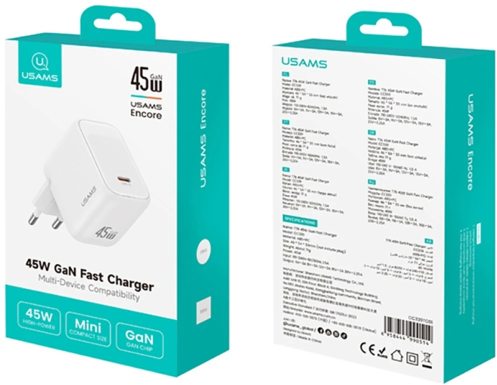 Įkroviklis jungiama į tinklą USAMS CC339 T76 45W GaN Fast Charger USB-C balta