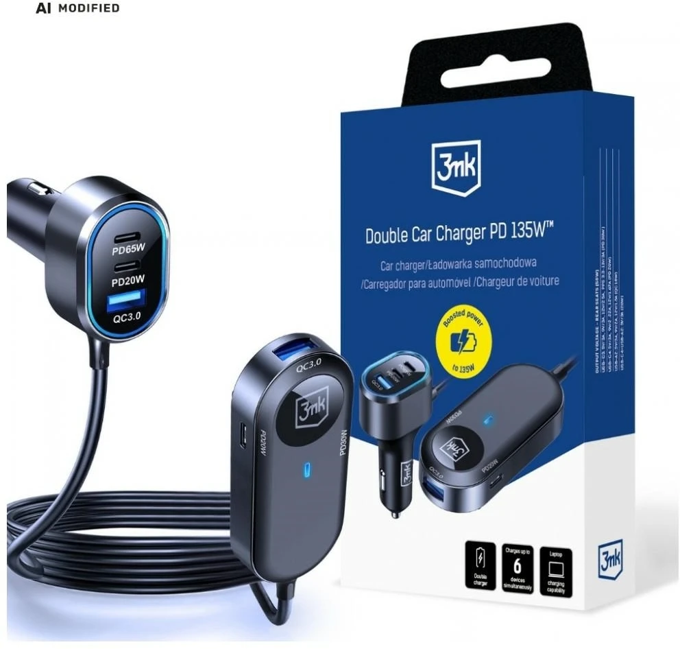 3Mk apsaugos priedai - 3mk dvigubas automobilinis įkroviklis 135W PD QC PPS USB 2A4C Juodas/Pilkas