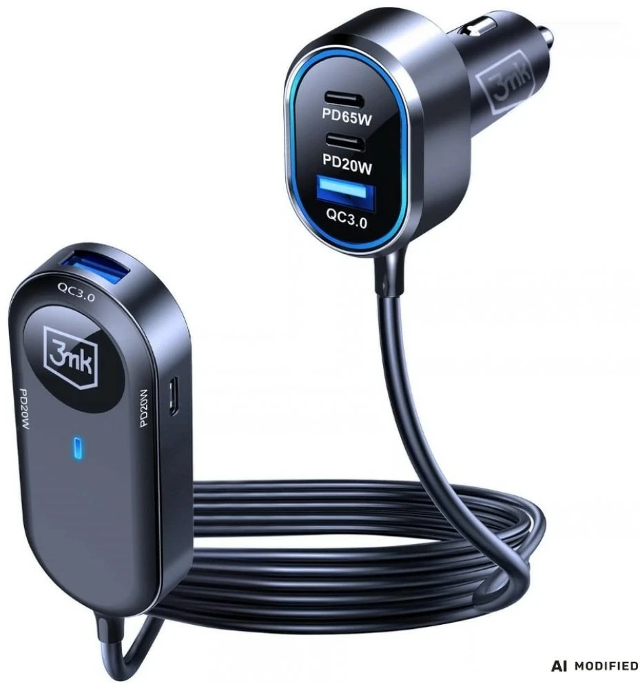 3Mk apsaugos priedai - 3mk dvigubas automobilinis įkroviklis 135W PD QC PPS USB 2A4C Juodas/Pilkas