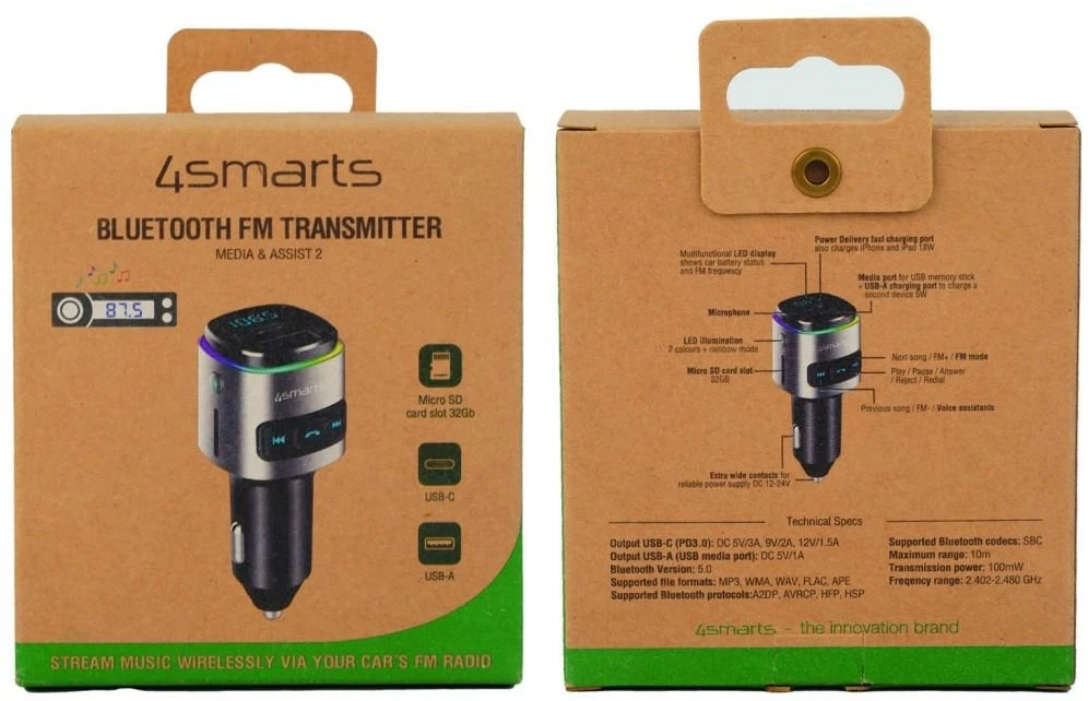 4Smarts Bluetooth FM siųstuvas Media&Assist 2 su daugialypės terpės įvestimi, laisvų rankų funkcija, automobiliniu įkrovikliu