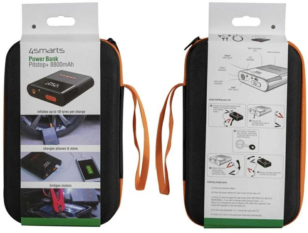 Įkroviklis „4smarts PitStop+“ 8800 mAh su kompresoriumi ir žibintuvėliu, juodos spalvos