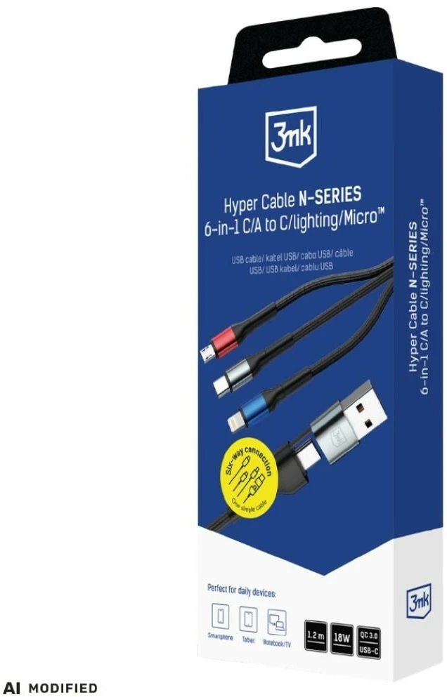 3Mk apsaugos priedai - 3mk Hyper Cable N-SERIES 6 in 1 C/A į C/Lightning/Micro 1.2m QC 3.0 9V/2A 18W Juodas