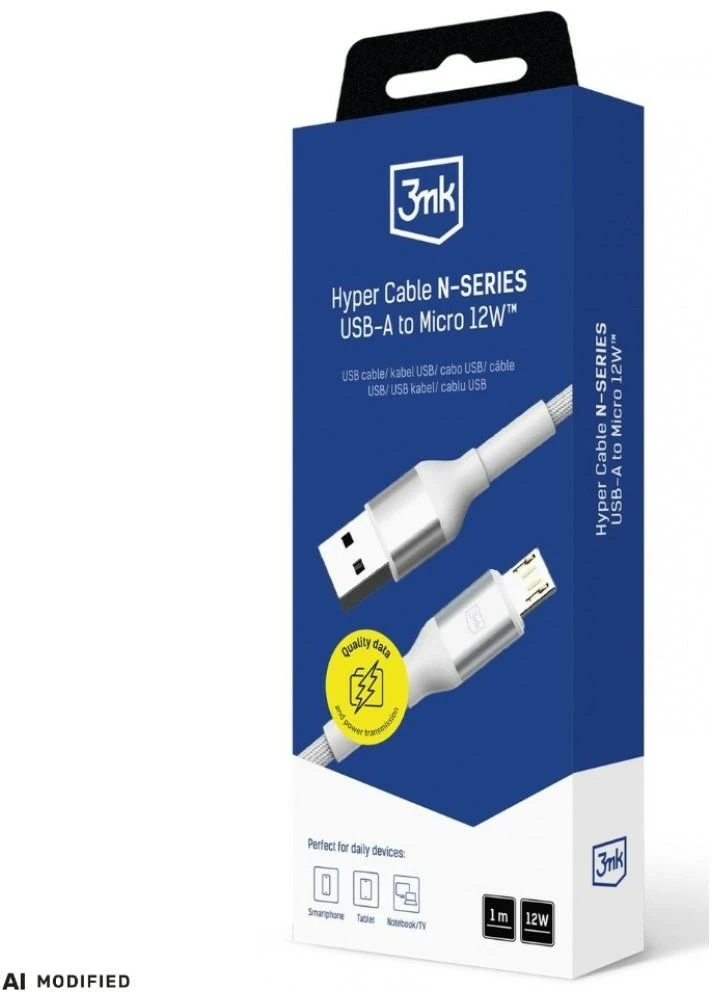 3Mk apsaugos priedai - 3mk Hyper Cable N-SERIES A-Micro 1m QC 3.0 5V/2.4A 12W Baltas