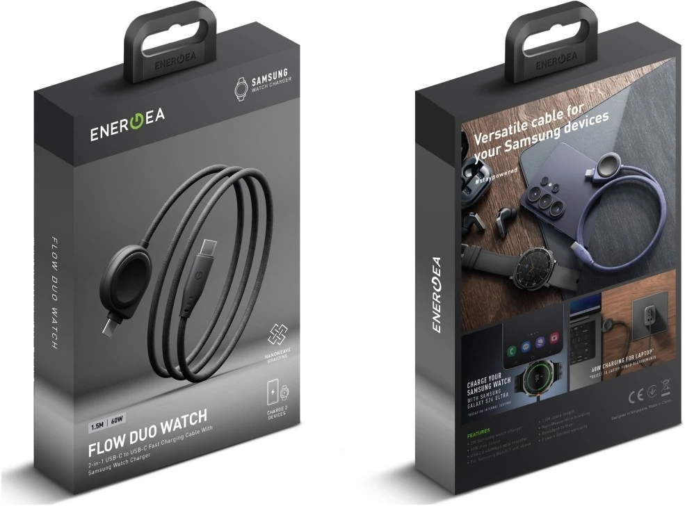 Kabelis Energea Flow Duo Watch 2-w-1 USB-C do USB-C + kroviklis do Samsung Watch 480Mb/s 60W 1.5m juoda