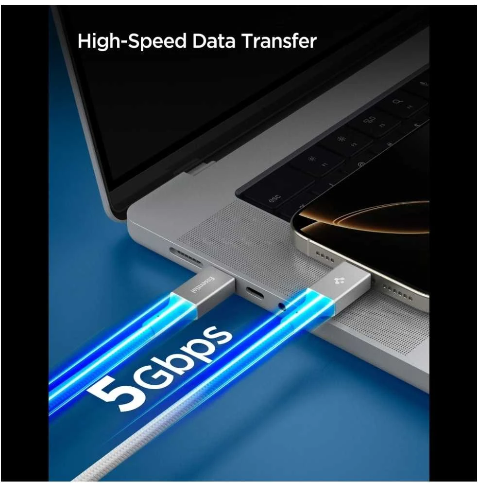 „Spigen Essential USB C“ – USB C 100 W audinio kabelis, baltas EB10015CC