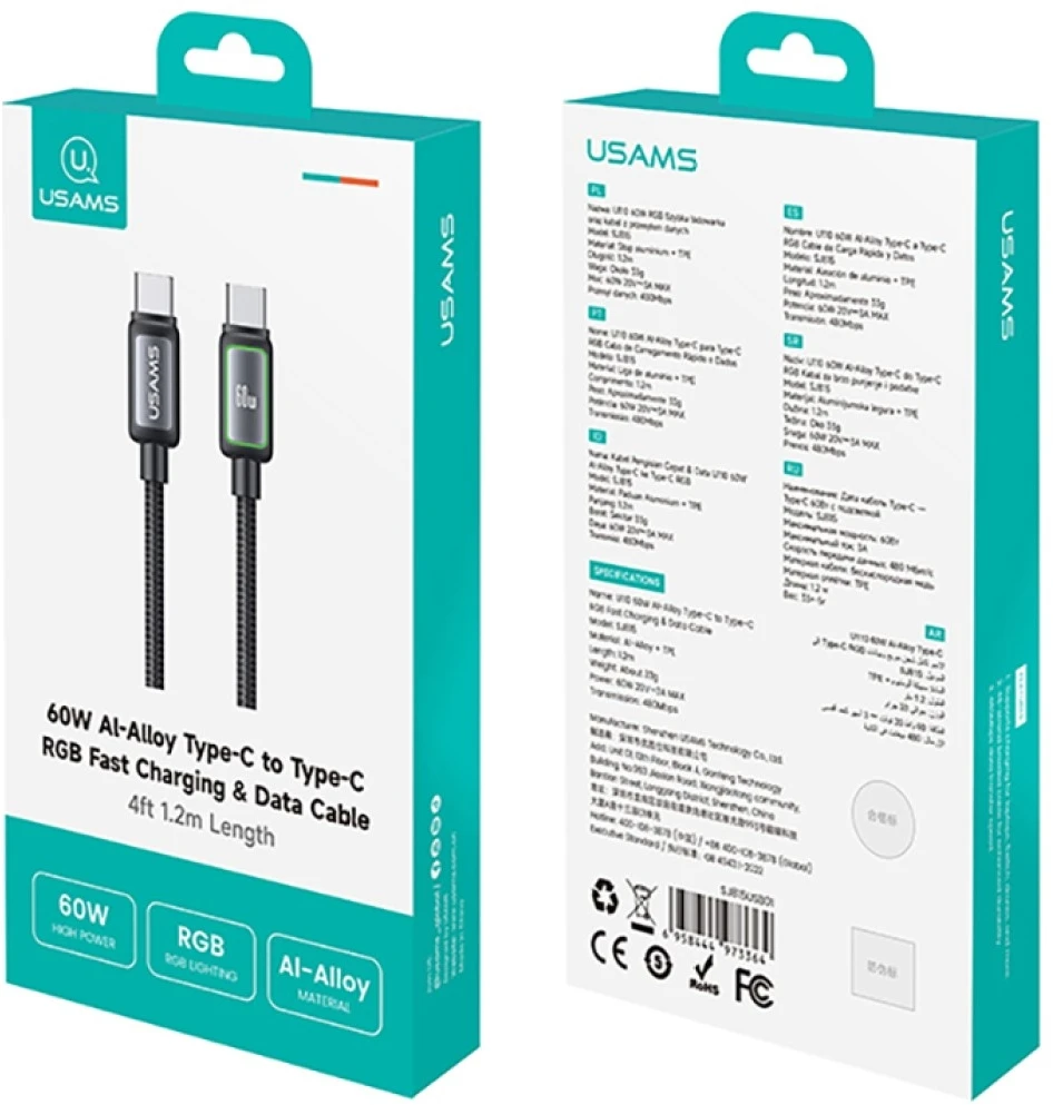Kabelis USAMS Al-Alloy SJ815 U110 RGB Fast Charging 60W USB-C do Lightning 1,2 m juoda