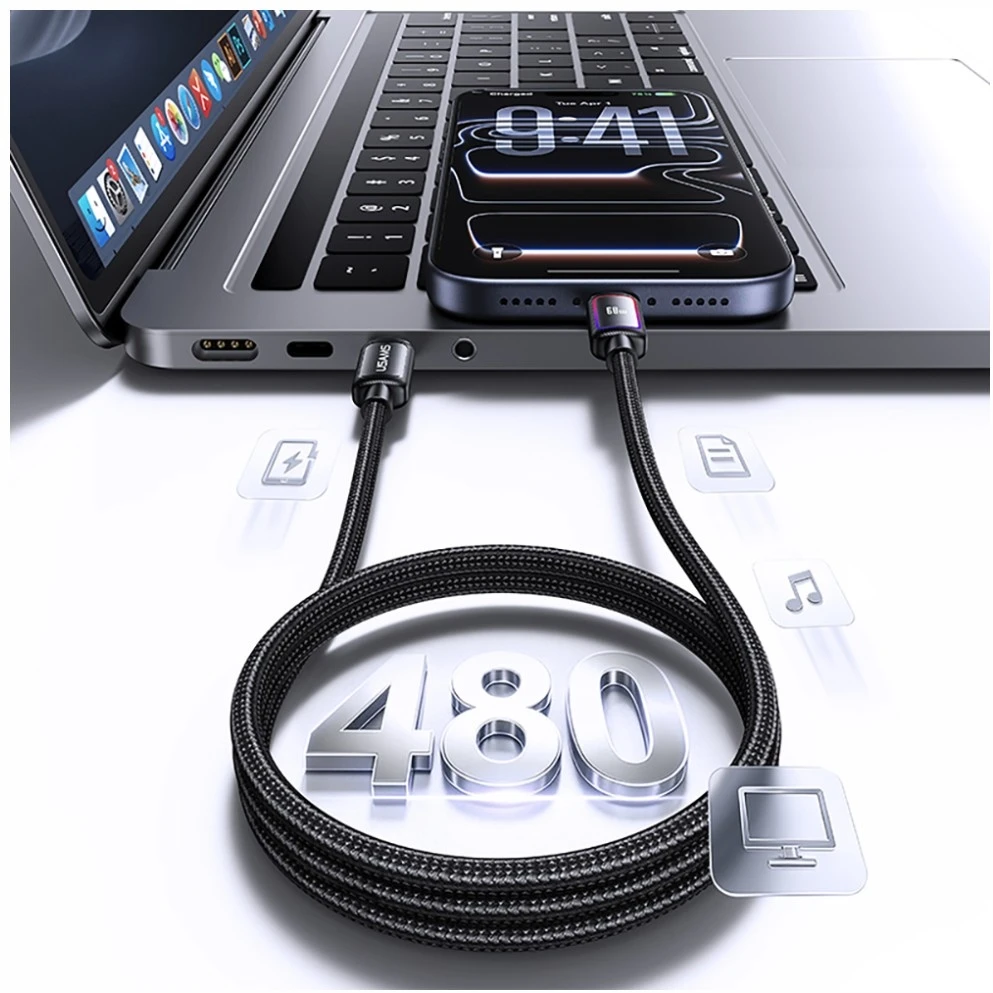 Kabelis USAMS Al-Alloy SJ815 U110 RGB Fast Charging 60W USB-C do Lightning 1,2 m juoda