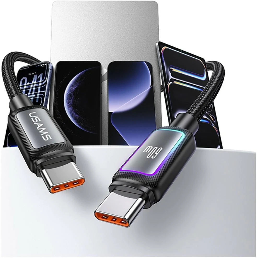 USAMS Al-Alloy SJ815 U110 RGB greito įkrovimo 60W USB-C į Lightning laidas 1.2 m juodas