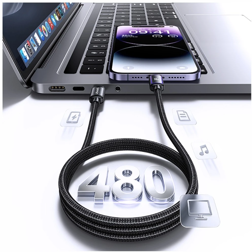 Kabelis USAMS Al-Alloy SJ816 U110 RGB Fast Charging 30W USB-C do Lightning 1,2 m balta