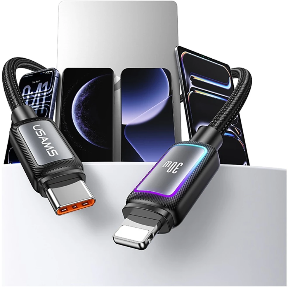 Kabelis USAMS Al-Alloy SJ816 U110 RGB Fast Charging 30W USB-C do Lightning 1,2 m juoda
