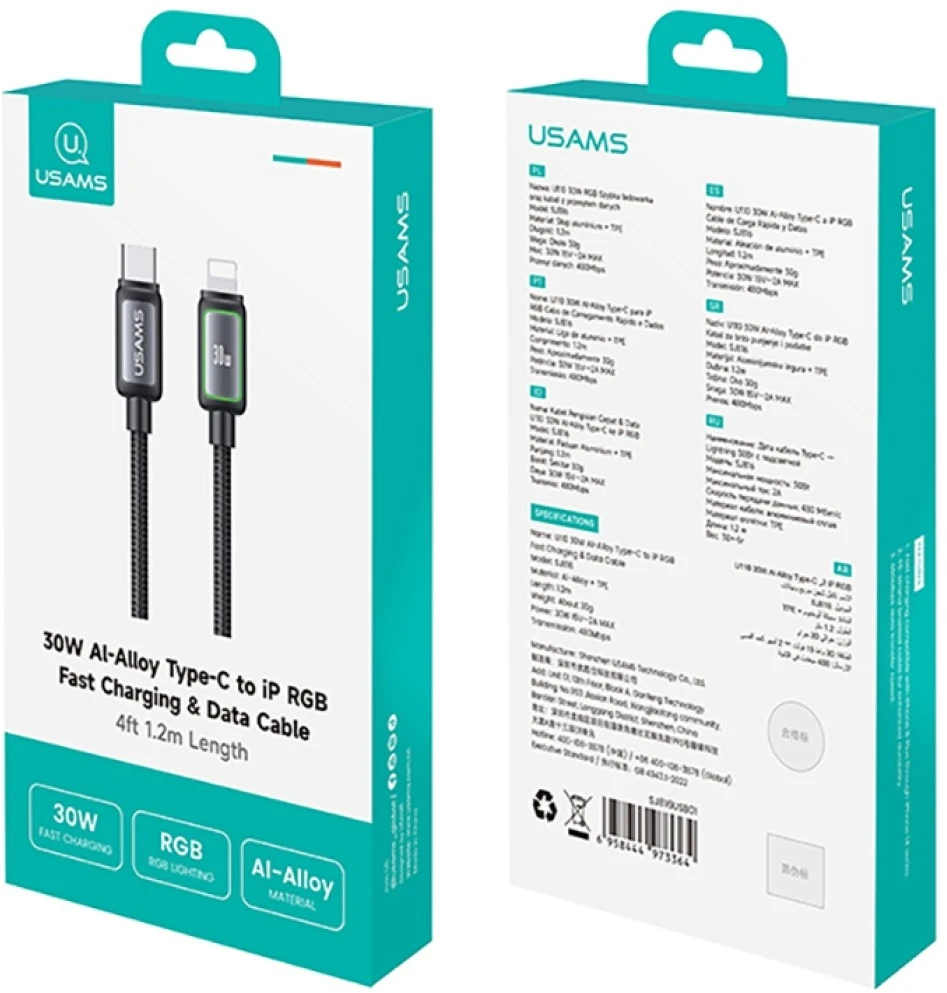 Kabelis USAMS Al-Alloy SJ816 U110 RGB Fast Charging 30W USB-C do Lightning 1,2 m juoda
